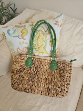 Straw Studios Natural Woven Tote with Green Handles